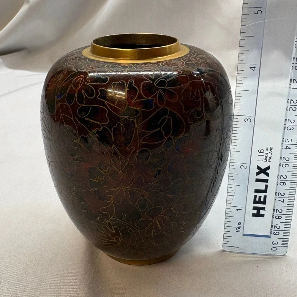 Vintage Cloisonne Enamel Vase Small Red Floral Brass 4.75in Good Chinoiserie